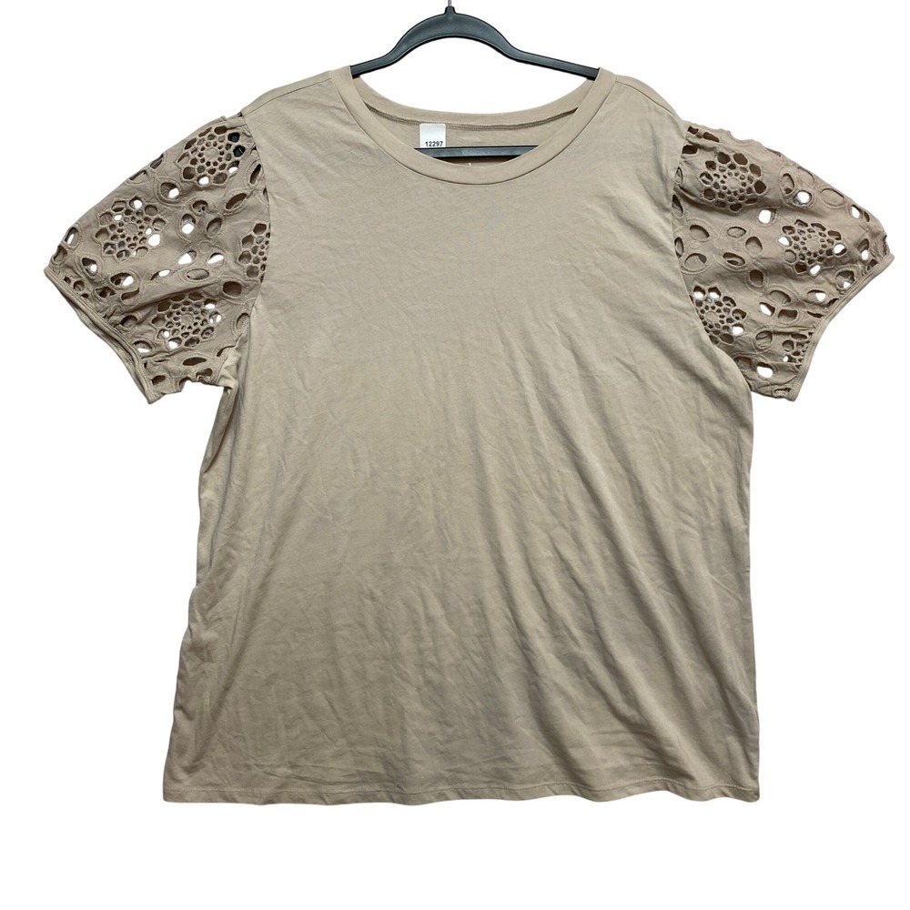 Torrid Top Womens 1X Tan Classic Fit Eyelet Embroidered Puff Sleeve